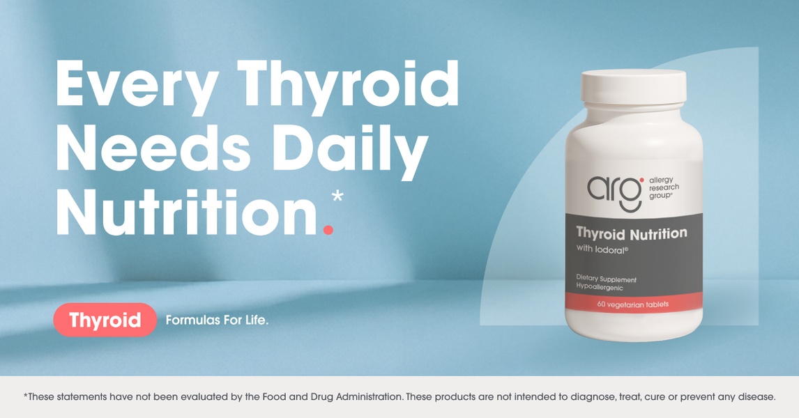 A clean, minimalist product ad for a thyroid nutritional supplement using a soft blue background and bold, clear text to establish authority.